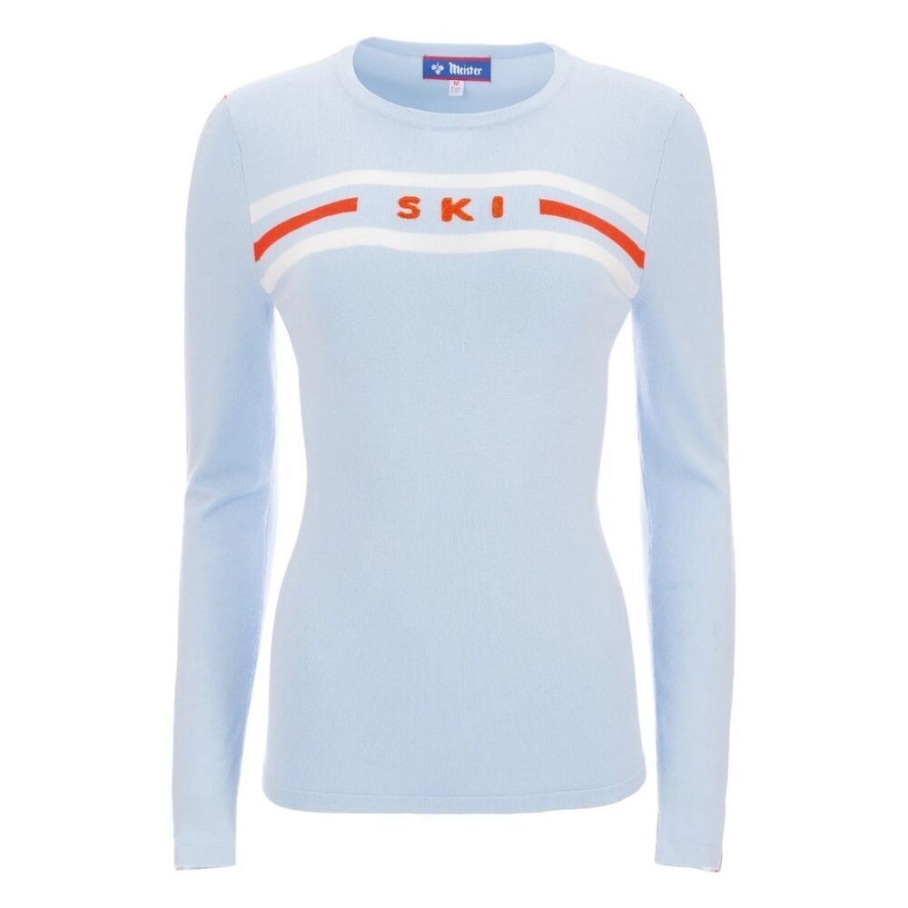 Meister Ski Sweater Women Light Blue Retro Alpine Apres Ski Patch Intarsia